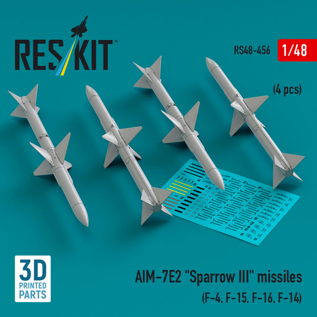 AIM-7E2 Sparrow III Missiles (4 pcs) (F-4, F-15, F-16, F-14) (3D Printed) Scale 1:48 ResKit RS48-0456 for Aircraft Model Kit