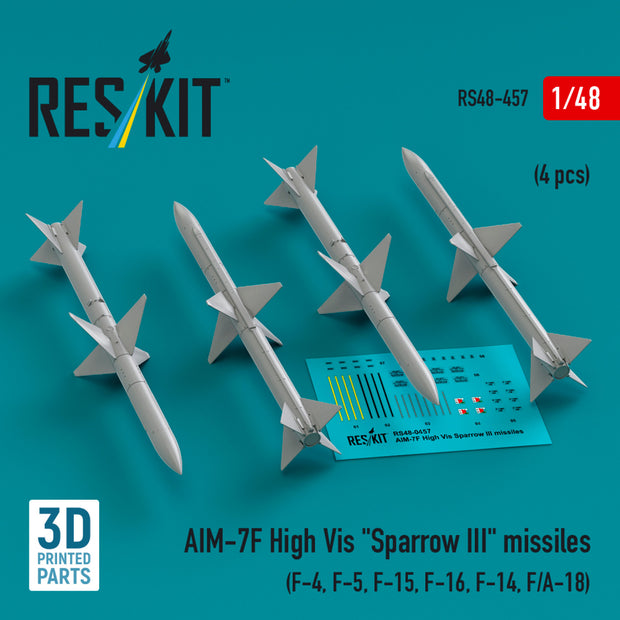 AIM-7F High Vis Sparrow III Missiles (4 pcs) (F-4, F-5, F-15, F-16, F-14, F/A-18) (3D Printed) Scale 1:48 ResKit RS48-0457 for Aircraft Model Kit