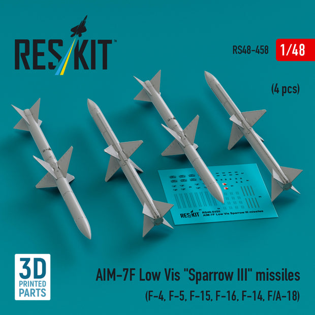 AIM-7F Low Vis Sparrow III Missiles (4 pcs) (F-4, F-5, F-15, F-16, F-14, F/A-18) (3D Printed) Scale 1:48 ResKit RS48-0458 for Aircraft Model Kit