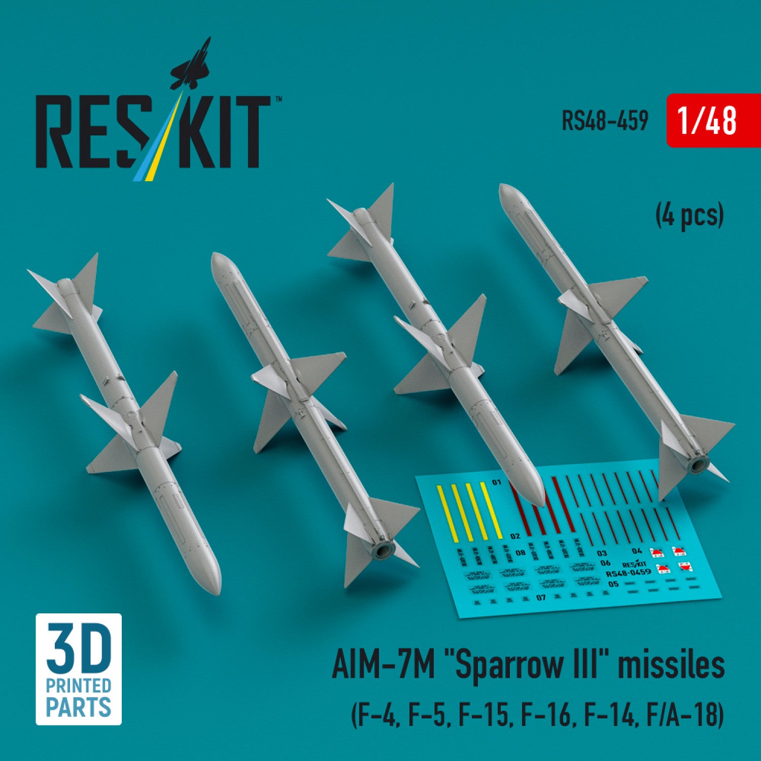 AIM-7M Sparrow III Missiles (4 pcs) (F-4, F-5, F-15, F-16, F-14, F/A-18) (3D Printed) Scale 1:48 ResKit RS48-0459 for Aircraft Model Kit