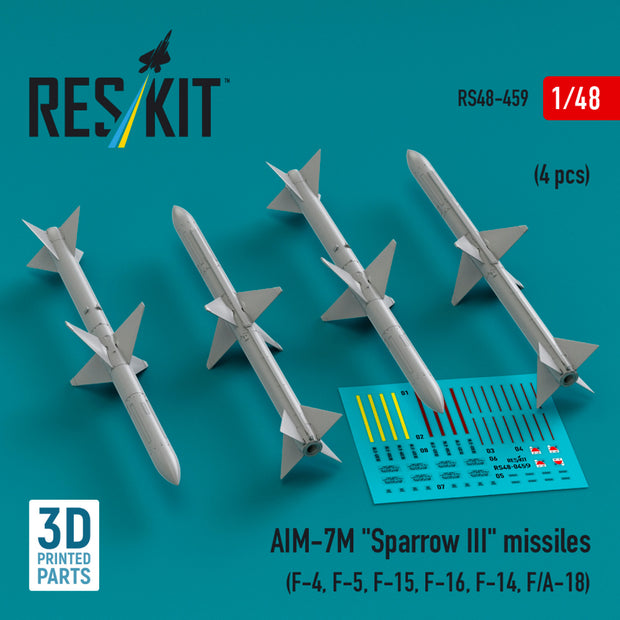 AIM-7M Sparrow III Missiles (4 pcs) (F-4, F-5, F-15, F-16, F-14, F/A-18) (3D Printed) Scale 1:48 ResKit RS48-0459 for Aircraft Model Kit