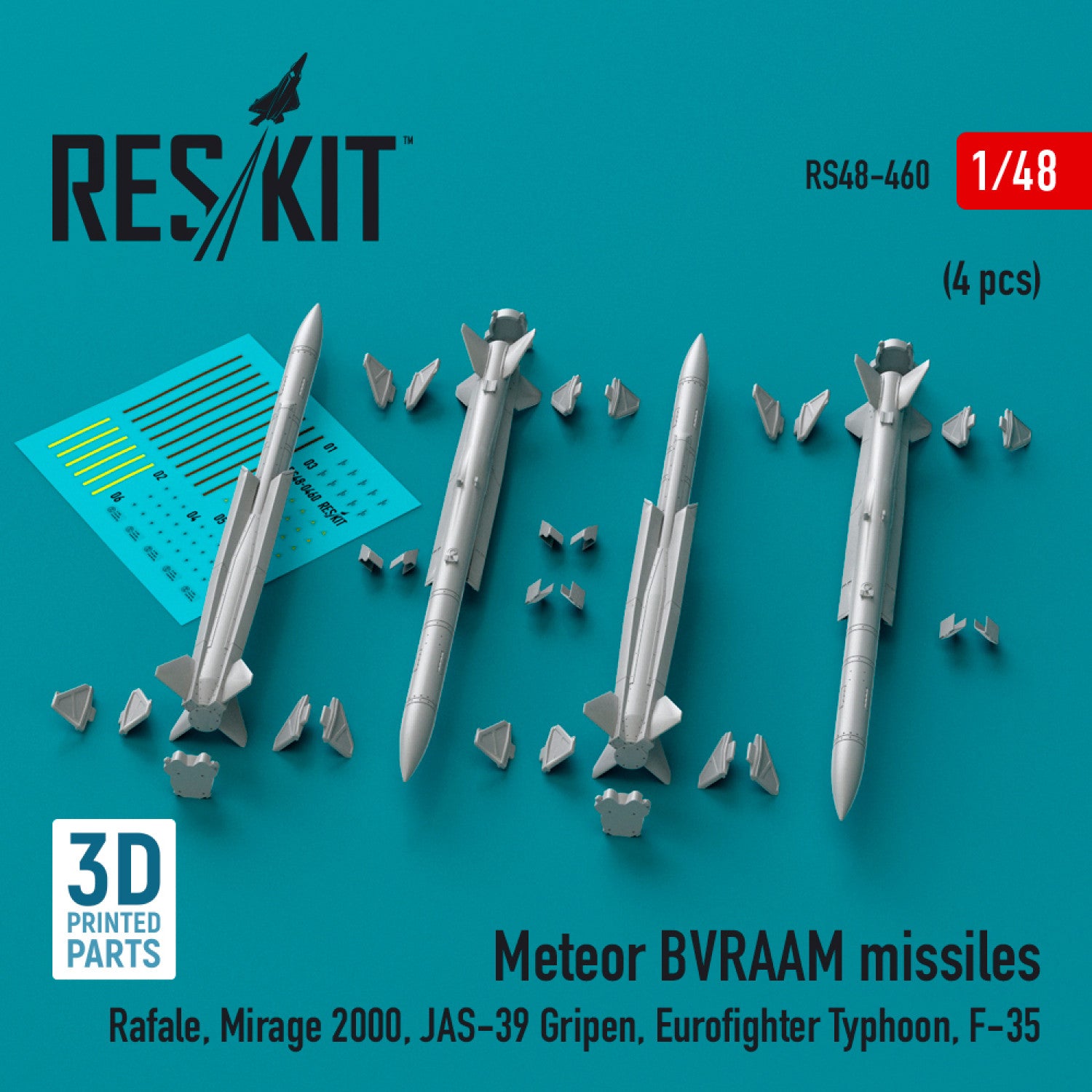 Meteor BVRAAM Missiles (4 pcs) (Rafale, Mirage 2000, JAS-39 Gripen, Eurofighter Typhoon, F-35) (3D Printed) Scale 1:48 ResKit RS48-0460 for Aircraft Model Kit