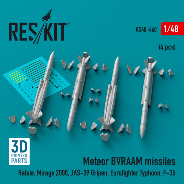 Meteor BVRAAM Missiles (4 pcs) (Rafale, Mirage 2000, JAS-39 Gripen, Eurofighter Typhoon, F-35) (3D Printed) Scale 1:48 ResKit RS48-0460 for Aircraft Model Kit