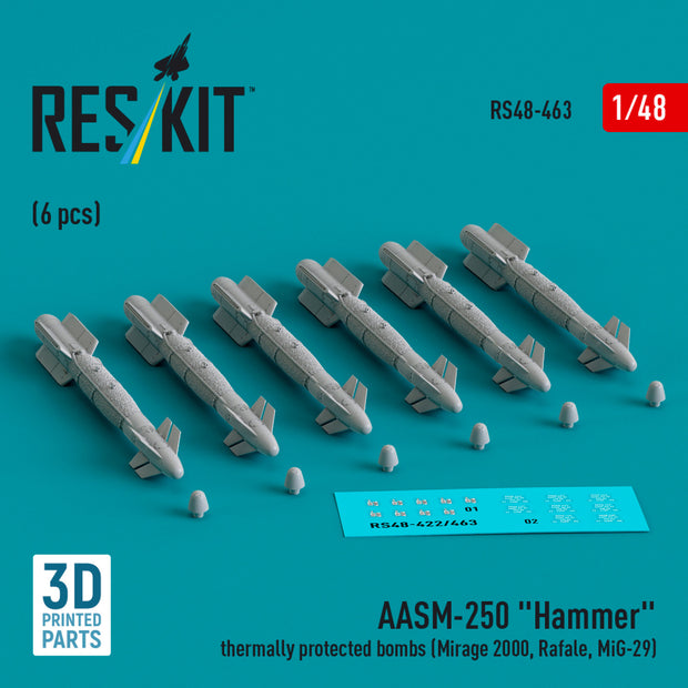 AASM-250 Hammer Thermally Protected Bombs (6 pcs) (Mirage 2000, Rafale, MiG-29) (3D Printed) Scale 1:48 ResKit RS48-0463 for Aircraft Model Kit