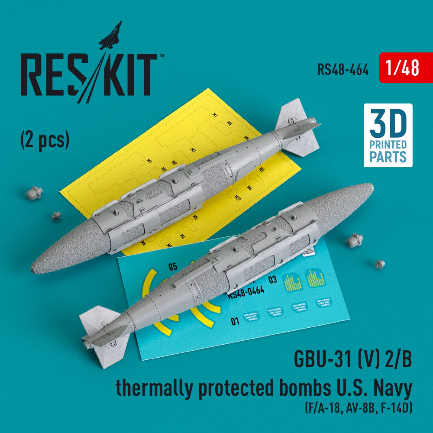 GBU-31 (V) 2/B Thermally Protected Bombs U.S. Navy (2 pcs) (F/A-18, AV-8B, F-14D) (3D Printed) Scale 1:48 ResKit RS48-0464 for Aircraft Model Kit