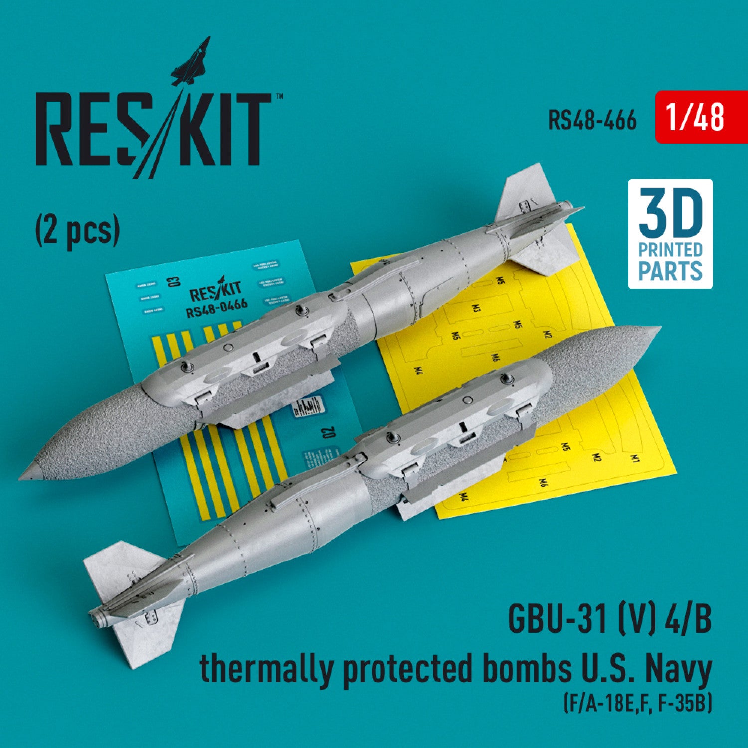 GBU-31 (V) 4/B Thermally Protected Bombs U.S. Navy (2 pcs) (F/A-18E,F, F-35B) (3D Printed) Scale 1:48 ResKit RS48-0466 for Aircraft Model Kit