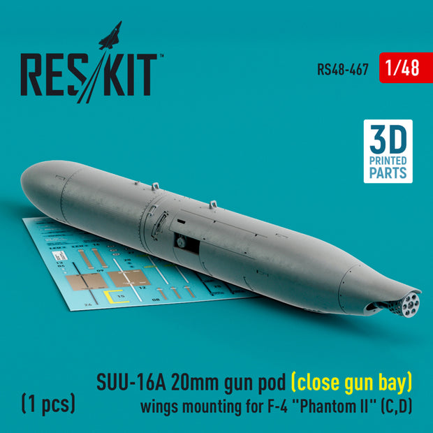 SUU-16A 20mm gun pod (close gun bay) wings mounting for McDonnell Douglas F-4 Phantom II (C,D) (1 pcs) (3D Printed) Scale 1:48 ResKit RS48-0467 for Aircraft Model Kit