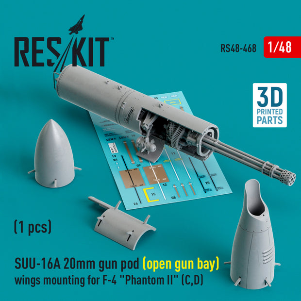 SUU-16A 20mm gun pod (open gun bay) wings mounting for McDonnell Douglas F-4 Phantom II (C,D) (1 pcs) (3D Printed) Scale 1:48 ResKit RS48-0468 for Aircraft Model Kit