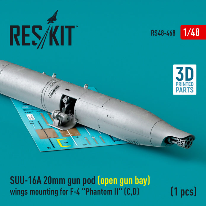 SUU-16A 20mm gun pod (open gun bay) wings mounting for McDonnell Douglas F-4 Phantom II (C,D) (1 pcs) (3D Printed) Scale 1:48 ResKit RS48-0468 for Aircraft Model Kit