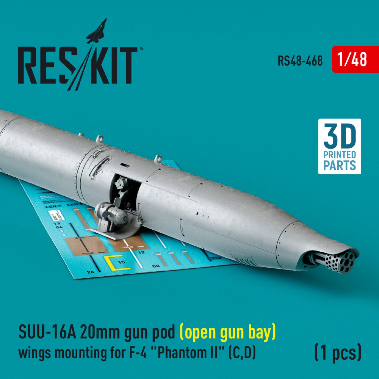 SUU-16A 20mm gun pod (open gun bay) wings mounting for McDonnell Douglas F-4 Phantom II (C,D) (1 pcs) (3D Printed) Scale 1:48 ResKit RS48-0468 for Aircraft Model Kit