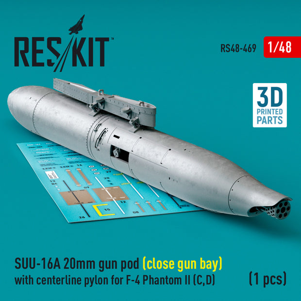 SUU-16A 20mm gun pod (close gun bay) with centerline Pylon for McDonnell Douglas F-4 Phantom II (C,D) (1 pcs) (3D Printed) Scale 1:48 ResKit RS48-0469 for Aircraft Model Kit
