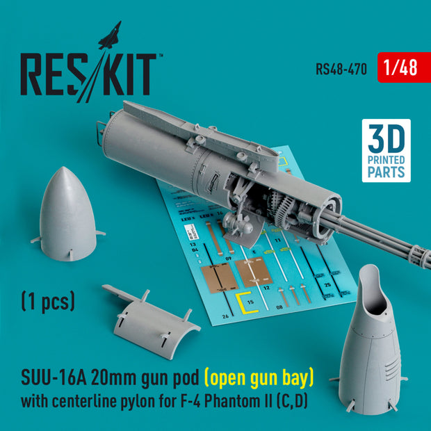 SUU-16A 20mm gun pod (open gun bay) with centerline Pylon for McDonnell Douglas F-4 Phantom II (C,D) (1 pcs) (3D Printed) Scale 1:48 ResKit RS48-0470 for Aircraft Model Kit