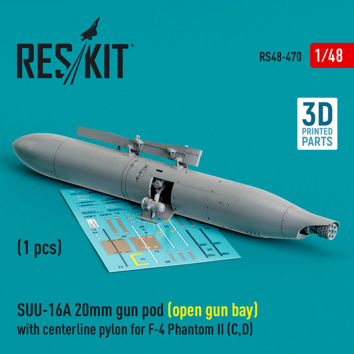 SUU-16A 20mm gun pod (open gun bay) with centerline Pylon for McDonnell Douglas F-4 Phantom II (C,D) (1 pcs) (3D Printed) Scale 1:48 ResKit RS48-0470 for Aircraft Model Kit