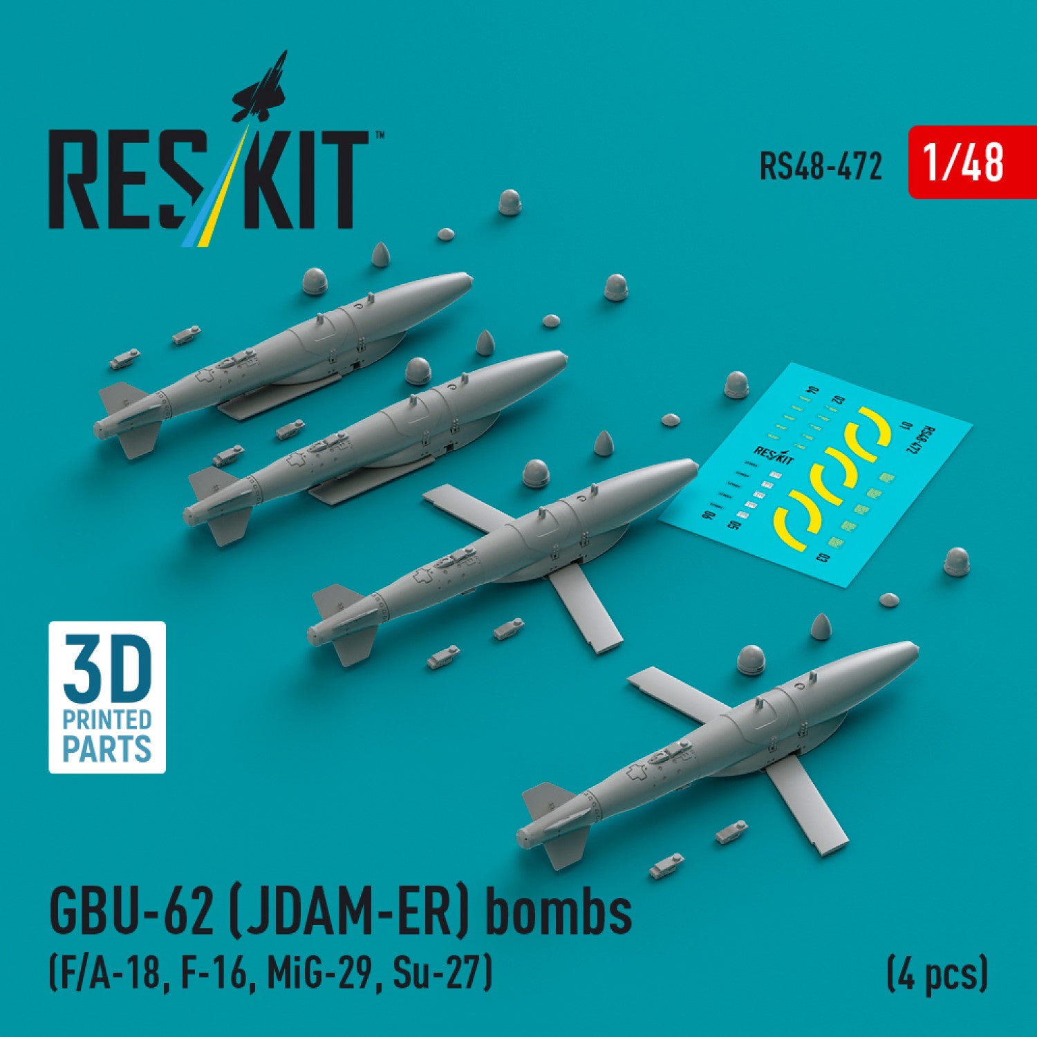 GBU-62 (JDAM-ER) Bombs (4 pcs) (F/A-18, F-16, MiG-29, Su-27) (3D Printed) Scale 1:48 ResKit RS48-0472 for Aircraft Model Kit
