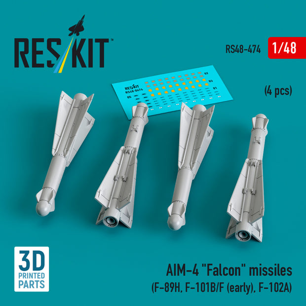 AIM-4 Falcon Missiles (4 pcs) (F-89H, F-101B/F (early), F-102A) (3D Printed) Scale 1:48 ResKit RS48-0474 for Aircraft Model Kit