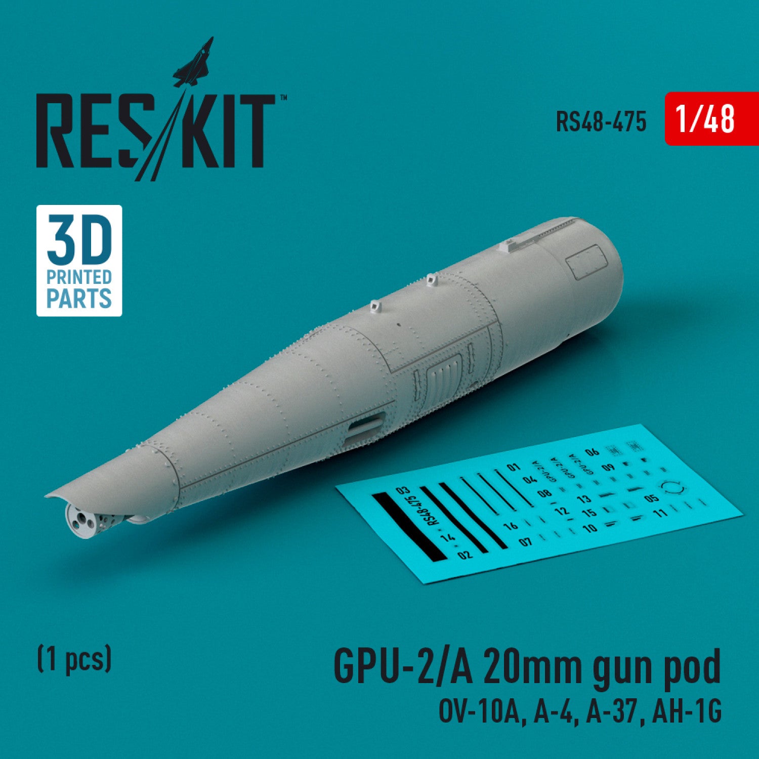 GPU-2/A 20mm gun pod (1 pcs) (OV-10A, A-4, A-37, AH-1G) (3D Printed) Scale 1:48 ResKit RS48-0475 for Aircraft / Helicopters Model Kit