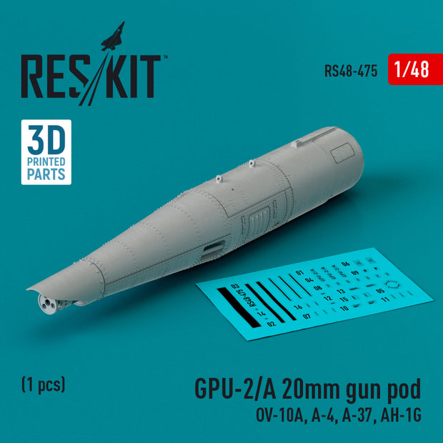 GPU-2/A 20mm gun pod (1 pcs) (OV-10A, A-4, A-37, AH-1G) (3D Printed) Scale 1:48 ResKit RS48-0475 for Aircraft / Helicopters Model Kit