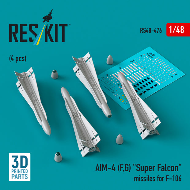 AIM-4 (F, G) Super Falcon Missiles for Convair F-106 (4 pcs) (3D Printed) Scale 1:48 ResKit RS48-0476 for Aircraft Model Kit