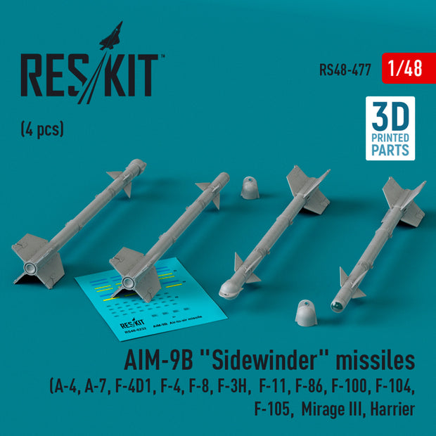 AIM-9B Sidewinder Missiles (4 pcs) (A-4, A-7, F-4D1, F-4, F-8, F-3H, F-11, F-86,F-100, F-104, F-105, Mirage III, Harrier) (3D Printed) Scale 1:48 ResKit RS48-0477 for Aircraft Model Kit