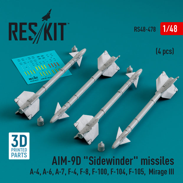 AIM-9D Sidewinder Missiles (4 pcs) (A-4, A-6, A-7, F-4, F-8, F-100, F-104, F-105, Mirage III) (3D Printed) Scale 1:48 ResKit RS48-0478 for Aircraft Model Kit