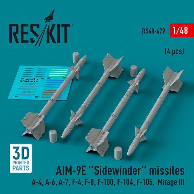 AIM-9E Sidewinder Missiles (4 pcs) (A-4, A-6, A-7, F-4, F-8, F-100, F-104, F-105, Mirage III) (3D Printed) Scale 1:48 ResKit RS48-0479 for Aircraft Model Kit