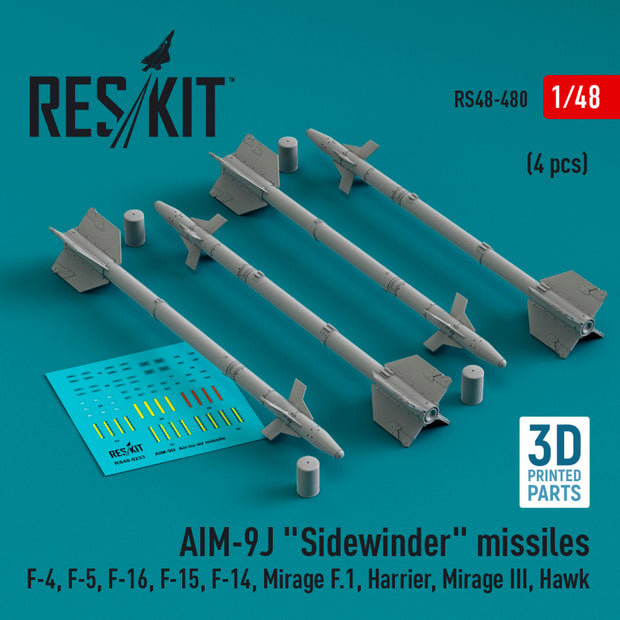 AIM-9J Sidewinder Missiles (4 pcs) (F-4, F-5, F-16, F-15, F-14, Mirage F.1, Harrier, Mirage III, Hawk) (3D Printed) Scale 1:48 ResKit RS48-0480 for Aircraft Model Kit