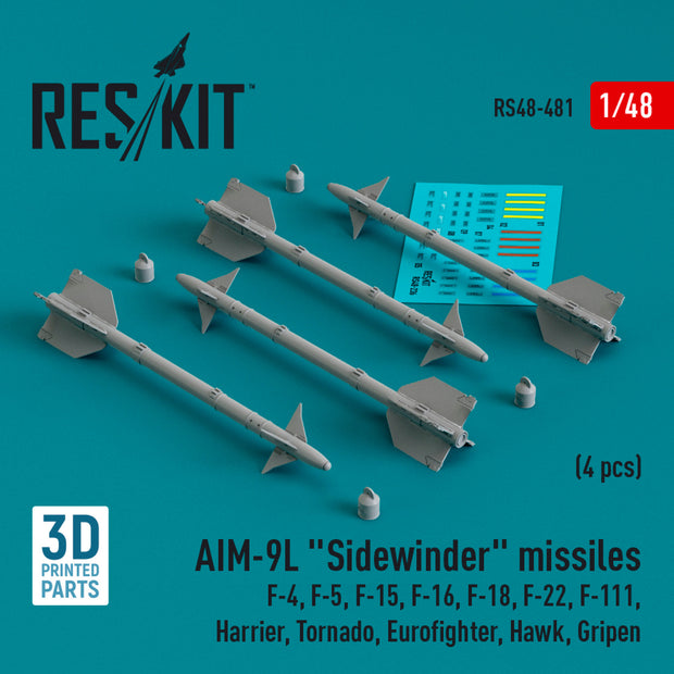 AIM-9L Sidewinder Missiles (4 pcs) (F-4, F-5, F-15, F-16, F-18, F-22, F-111, Harrier, Tornado, Eurofighter, Hawk, Gripen) (3D Printed) Scale 1:48 ResKit RS48-0481 for Aircraft Model Kit