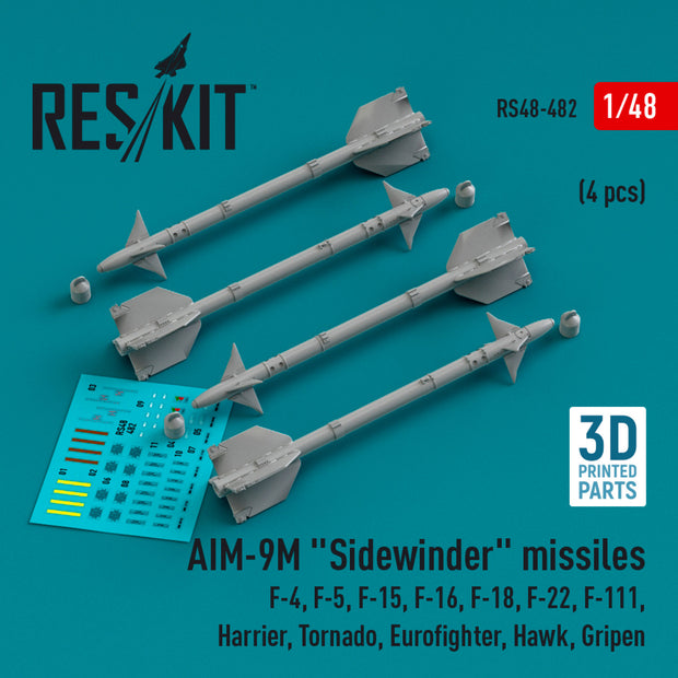 AIM-9M Sidewinder Missiles (4 pcs) (F-4, F-5, F-15, F-16, F-18, F-22, F-111, Harrier, Tornado, Eurofighter, Hawk, Gripen) (3D Printed) Scale 1:48 ResKit RS48-0482 for Aircraft / Helicopters Model Kit