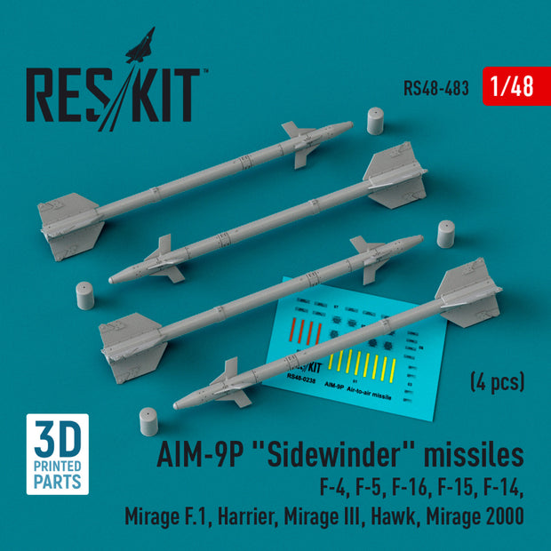 AIM-9P Sidewinder Missiles (4 pcs) (F-4, F-5, F-16, F-15, F-14, Mirage F.1, Harrier, Mirage III, Hawk, Mirage 2000) (3D Printed) Scale 1:48 ResKit RS48-0483 for Aircraft Model Kit