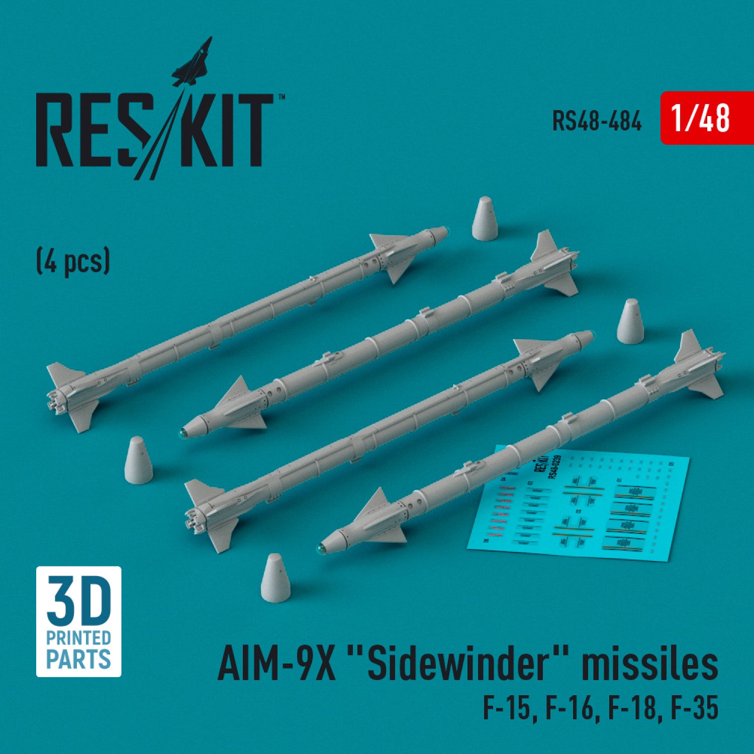AIM-9X Sidewinder Missiles (4 pcs) (F-15, F-16, F-18, F-35) (3D Printed) Scale 1:48 ResKit RS48-0484 for Aircraft Model Kit