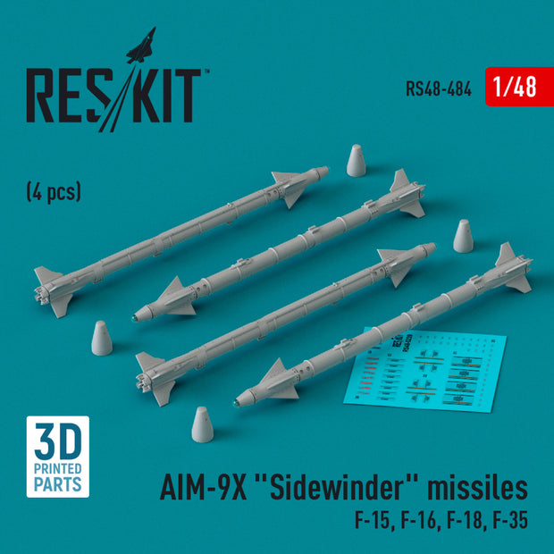 AIM-9X Sidewinder Missiles (4 pcs) (F-15, F-16, F-18, F-35) (3D Printed) Scale 1:48 ResKit RS48-0484 for Aircraft Model Kit