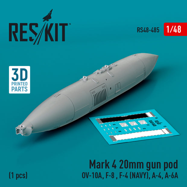 Mark 4 20mm gun pod (OV-10A, F-8 , F-4 (USN), A-4, A-6A) (1 pcs) (3D Printed) Scale 1:48 ResKit RS48-0485 for Aircraft Model Kit
