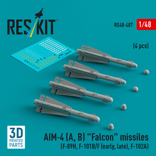AIM-4 (A, B) Falcon Missiles (4 pcs) (F-89H, F-101B/F (early, late), F-102A) (3D Printed) Scale 1:48 ResKit RS48-0487 for Aircraft Model Kit