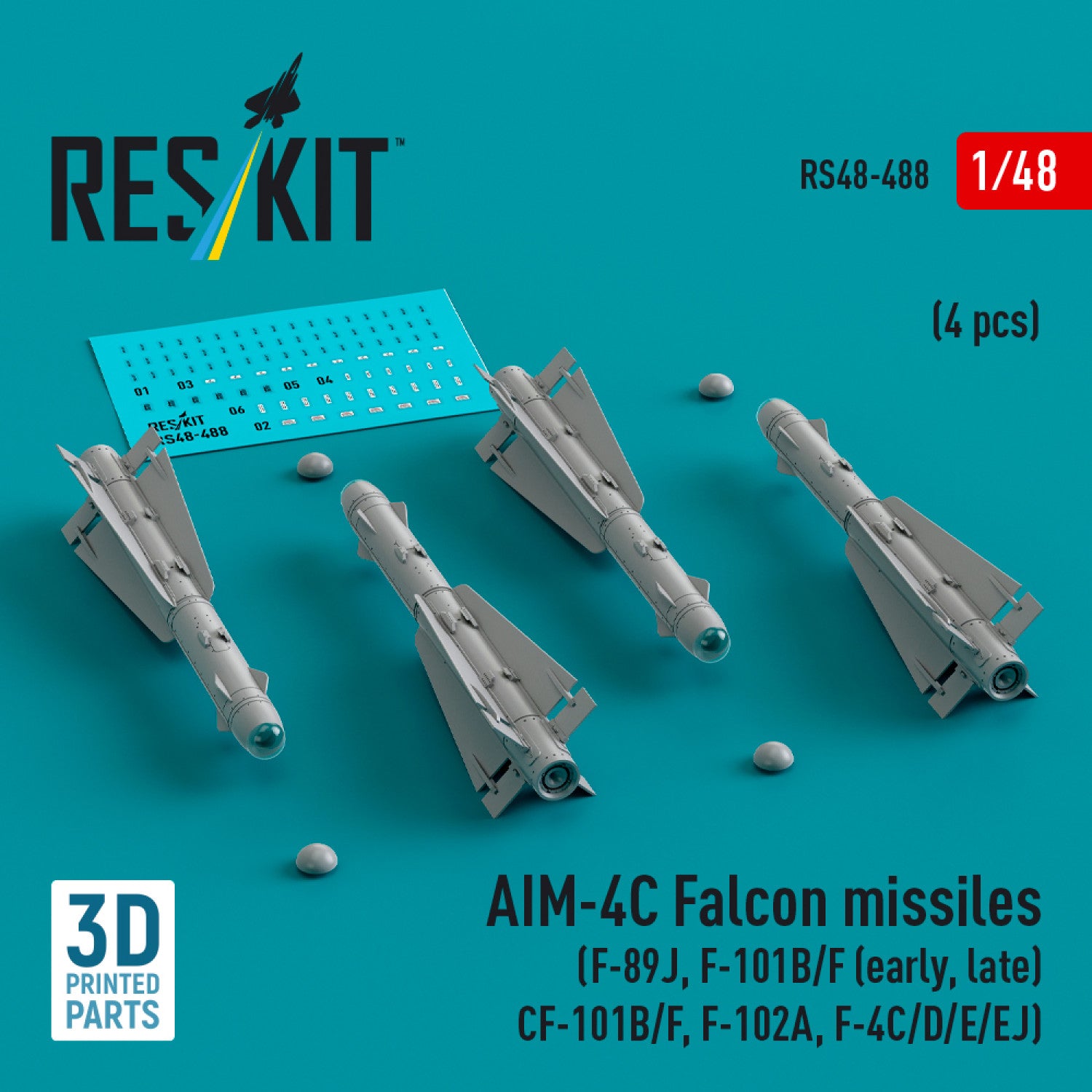 AIM-4C Falcon Missiles (F-89J, F-101B/F (early, late), CF-101B/F, F-102A, F-4C/D/E/EJ) (4 pcs) (3d Printed) Scale 1:48 ResKit RS48-0488 for Aircraft Model Kit