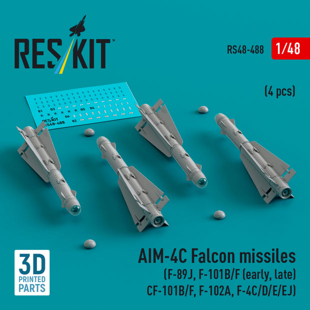 AIM-4C Falcon Missiles (F-89J, F-101B/F (early, late), CF-101B/F, F-102A, F-4C/D/E/EJ) (4 pcs) (3d Printed) Scale 1:48 ResKit RS48-0488 for Aircraft Model Kit