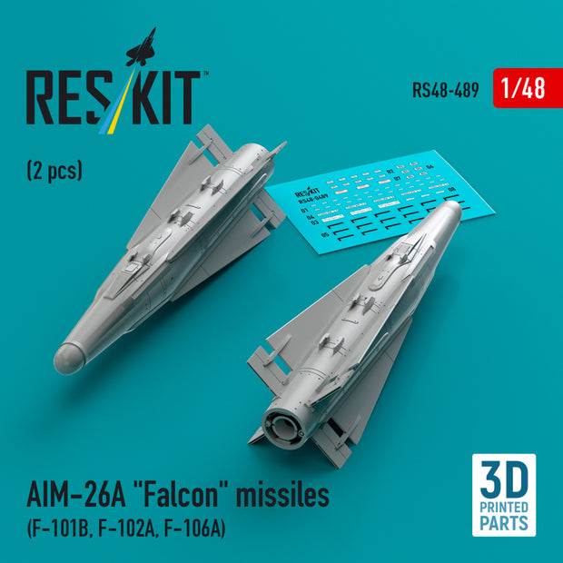 AIM-26A Falcon Missiles (2 pcs) (F-101B, F-102A, F-106A) (3D Printed) Scale 1:48 ResKit RS48-0489 for Aircraft Model Kit