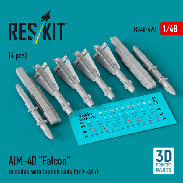 AIM-4D Falcon Missiles with launch rails for F-4D/E (4 pcs) (3D Printed) Scale 1:48 ResKit RS48-0490 for Aircraft Model Kit