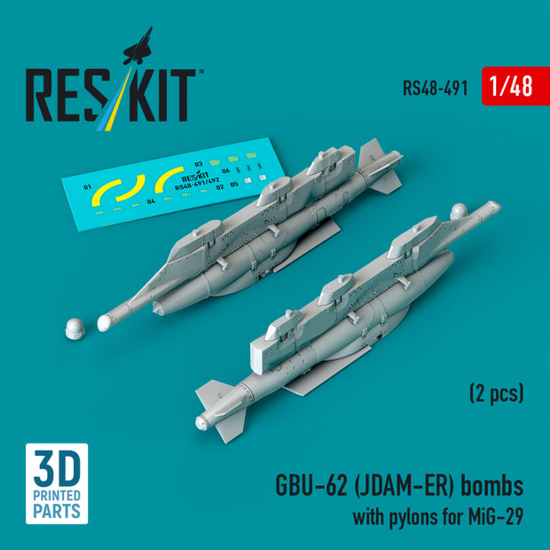 GBU-62 (JDAM-ER) Bombs with Pylons for MiG-29 Fulcrum (2 pcs) (3D Printed) Scale 1:48 ResKit RS48-0491 for Aircraft Model Kit