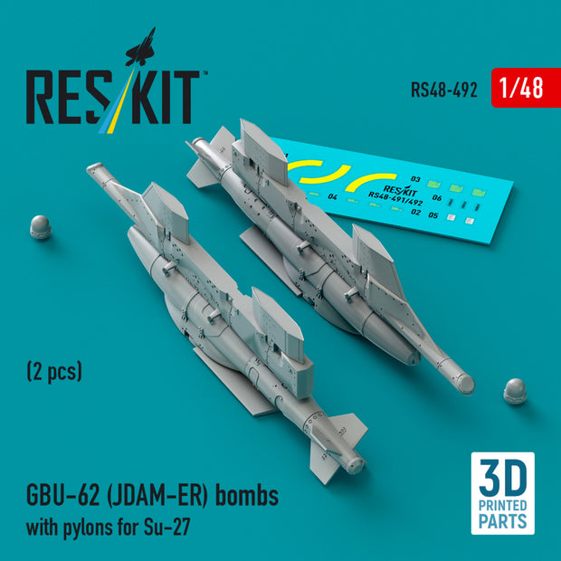 GBU-62 (JDAM-ER) Bombs with Pylons for Sukhoi Su-27 Flanker (2 pcs) (3D Printed) Scale 1:48 ResKit RS48-0492 for Aircraft Model Kit