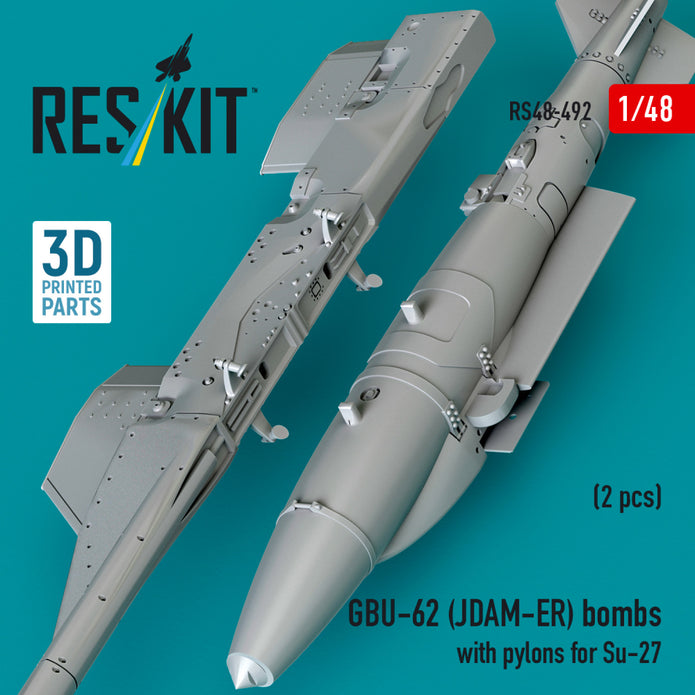 GBU-62 (JDAM-ER) Bombs with Pylons for Sukhoi Su-27 Flanker (2 pcs) (3D Printed) Scale 1:48 ResKit RS48-0492 for Aircraft Model Kit