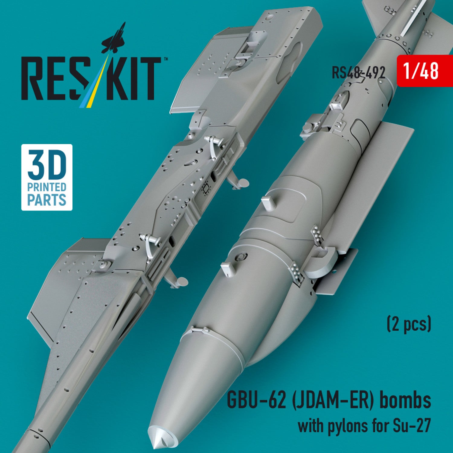GBU-62 (JDAM-ER) Bombs with Pylons for Sukhoi Su-27 Flanker (2 pcs) (3D Printed) Scale 1:48 ResKit RS48-0492 for Aircraft Model Kit