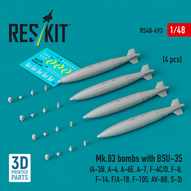 Mk.83 Bombs with BSU-35 (4 pcs) (A-3B, A-4, A-6E, A-7, F-4C/D, F-8, F-14, F/A-18, F-105, AV-8B, S-3) (3D printed) Scale 1:48 ResKit RS48-0493 for Aircraft Model Kit