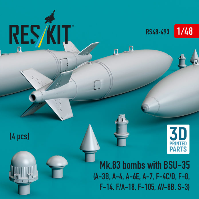 Mk.83 Bombs with BSU-35 (4 pcs) (A-3B, A-4, A-6E, A-7, F-4C/D, F-8, F-14, F/A-18, F-105, AV-8B, S-3) (3D printed) Scale 1:48 ResKit RS48-0493 for Aircraft Model Kit