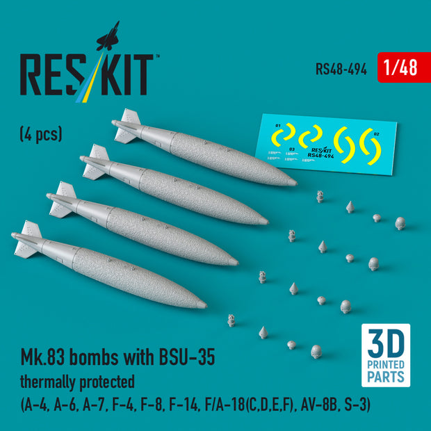 Mk.83 Bombs with BSU-35 Thermally Protected (4 pcs) (A-4, A-6, A-7, F-4, F-8, F-14, F/A-18(C,D,E,F), AV-8B, S-3) (3D printed) Scale 1:48 ResKit RS48-0494 for Aircraft Model Kit