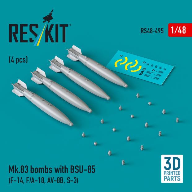 Mk.83 Bombs with BSU-85 (4 pcs) (F-14, F/A-18, AV-8B, S-3) (3D printed) Scale 1:48 ResKit RS48-0495 for Aircraft Model Kit