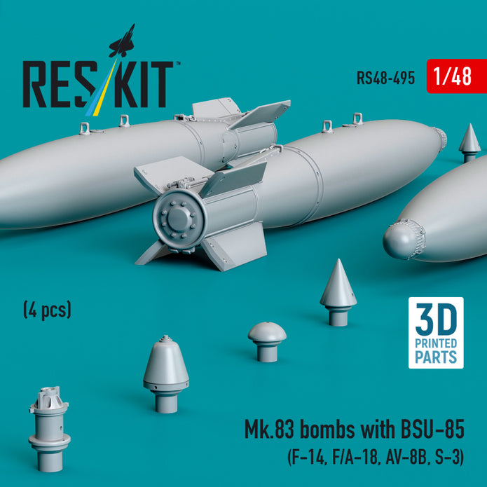 Mk.83 Bombs with BSU-85 (4 pcs) (F-14, F/A-18, AV-8B, S-3) (3D printed) Scale 1:48 ResKit RS48-0495 for Aircraft Model Kit