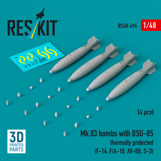 Mk.83 Bombs with BSU-85 Thermally Protected (4 pcs) (F-14, F/A-18, AV-8B, S-3) (3D printed) Scale 1:48 ResKit RS48-0496 for Aircraft Model Kit