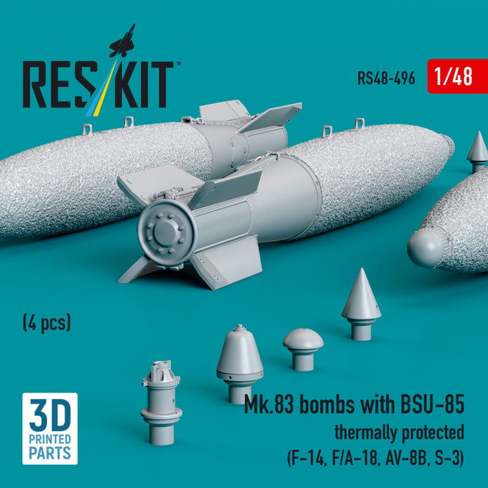 Mk.83 Bombs with BSU-85 Thermally Protected (4 pcs) (F-14, F/A-18, AV-8B, S-3) (3D printed) Scale 1:48 ResKit RS48-0496 for Aircraft Model Kit