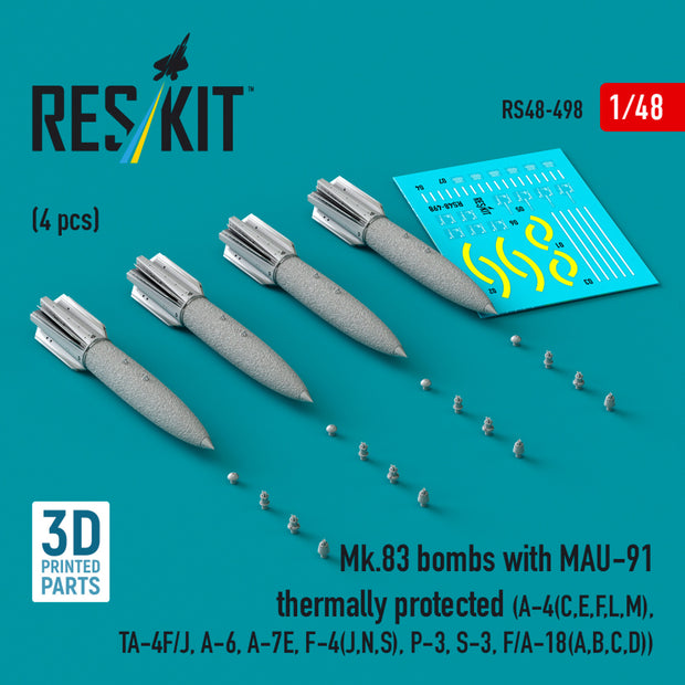 Mk.83 Bombs with MAU-91 Thermally Protected (4 pcs) (A-4(C,E,F,L,M), TA-4F/J, A-6, A-7E, F-4(J,N,S), P-3, S-3, F/A-18(A,B,C,D)) (3D printed) Scale 1:48 ResKit RS48-0498 for Aircraft Model Kit