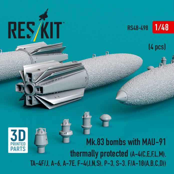 Mk.83 Bombs with MAU-91 Thermally Protected (4 pcs) (A-4(C,E,F,L,M), TA-4F/J, A-6, A-7E, F-4(J,N,S), P-3, S-3, F/A-18(A,B,C,D)) (3D printed) Scale 1:48 ResKit RS48-0498 for Aircraft Model Kit